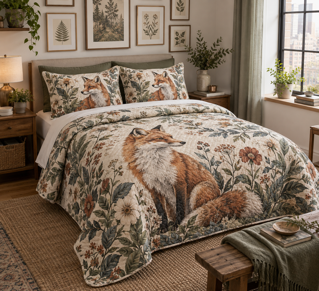 Fox Wildflower Gallery Bedding Set with flat printed optical 3D fox, meadow botanicals and curated apartment-gallery styling