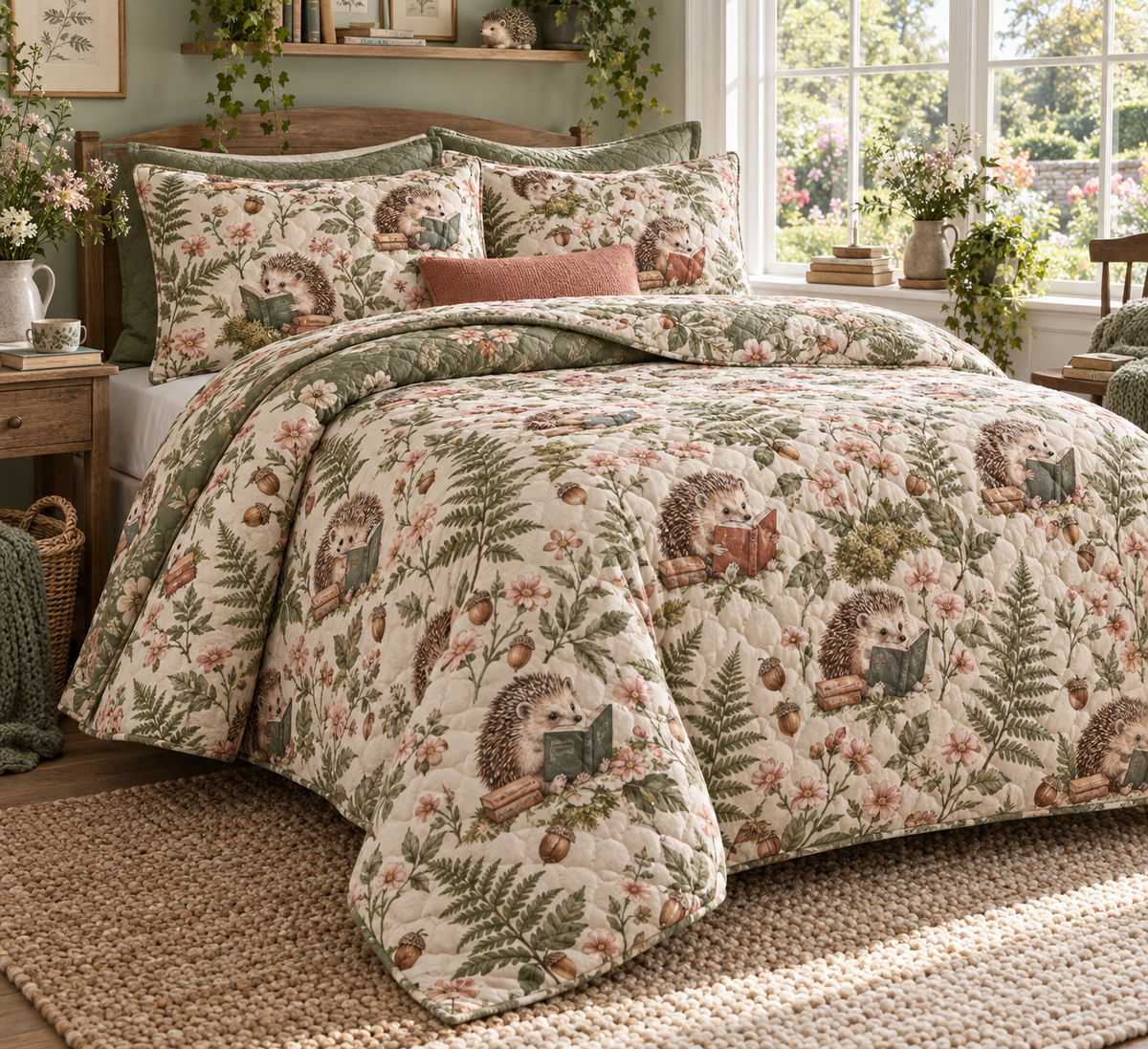 Quilted hedgehog garden bedding set with matching pillow shams, fern and book print.