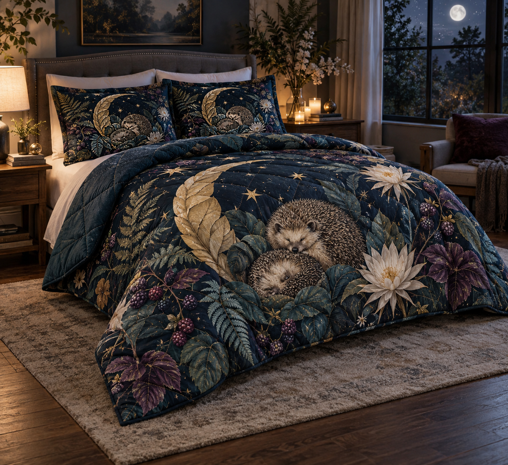 Quilted hedgehog garden bedroom bedding with matching shams, crescent moons and night flowers.