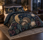 Quilted hedgehog garden bedroom bedding with matching shams, crescent moons and night flowers.