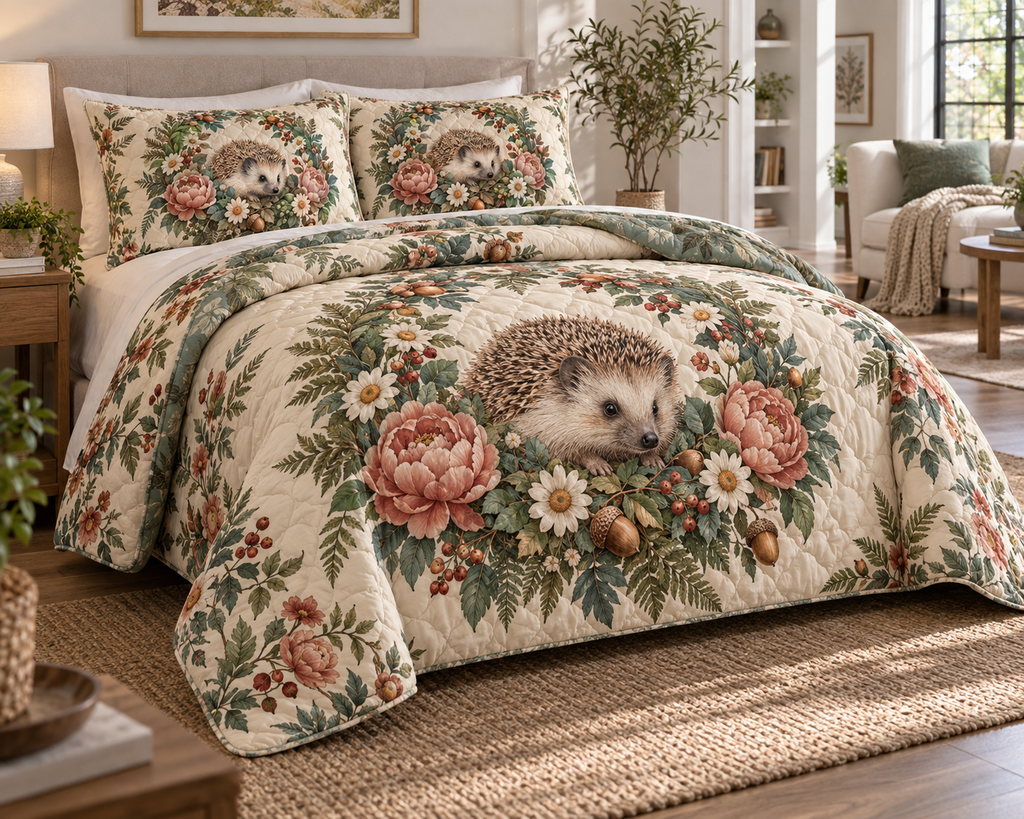 Quilted bedding set and matching shams with hedgehog, peony and fern wreath print.