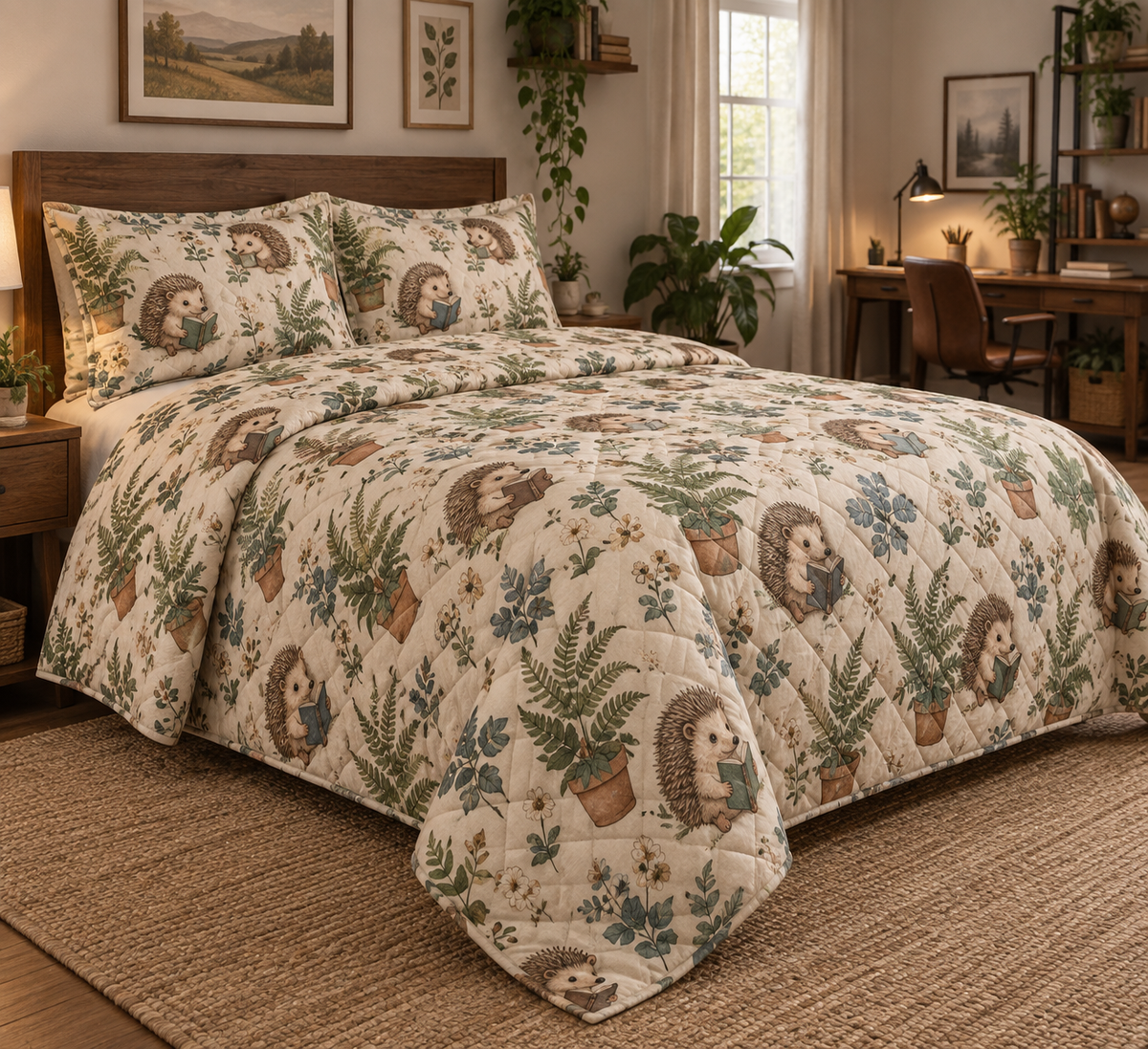 Quilted bedding set and matching shams with hedgehogs reading among ferns and books.