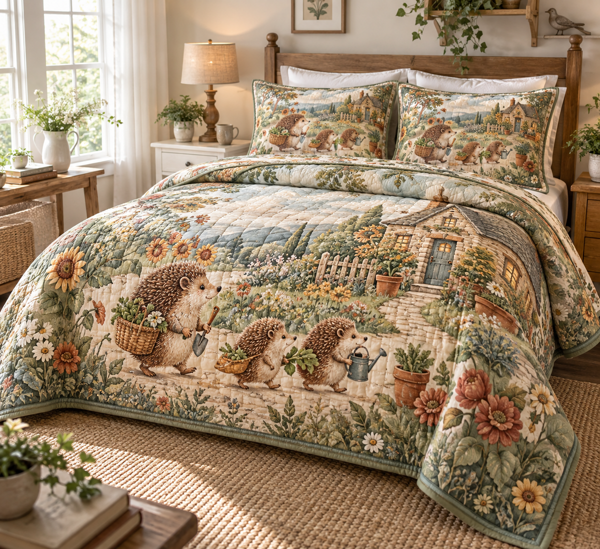 Quilted bedding set and matching shams with a hedgehog family in a flower-lined cottage garden.