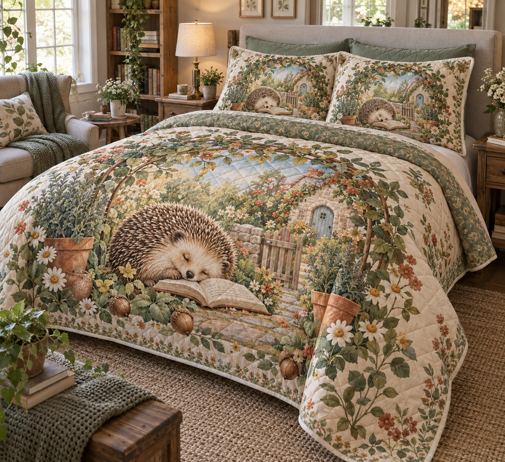 Quilted bedding set and matching shams with a hedgehog reading among cottage-garden flowers.