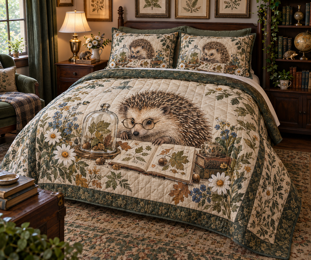Quilted bedding set and matching shams with a spectacled hedgehog studying botanical pages.