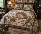 Quilted bedding set and matching shams with a spectacled hedgehog studying botanical pages.
