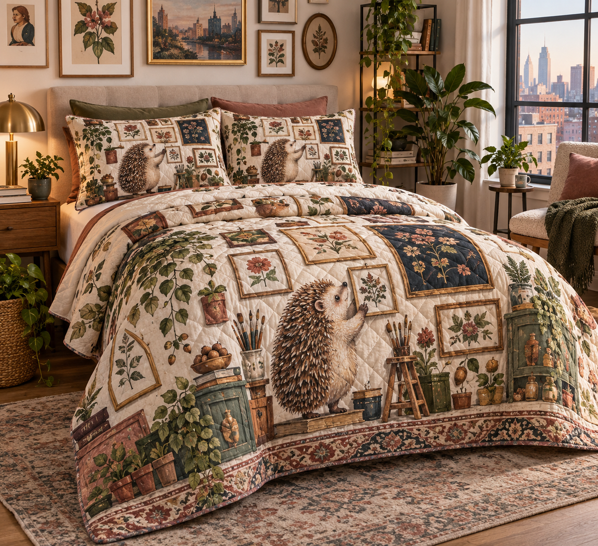 Quilted bedding set and matching shams with a hedgehog arranging tiny framed botanical pictures.