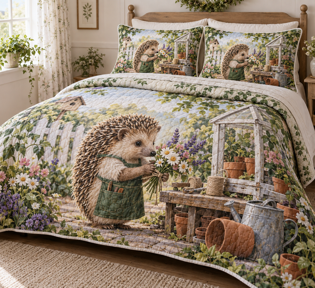 Quilted bedding set and matching shams with a hedgehog preparing a bouquet beside a greenhouse.