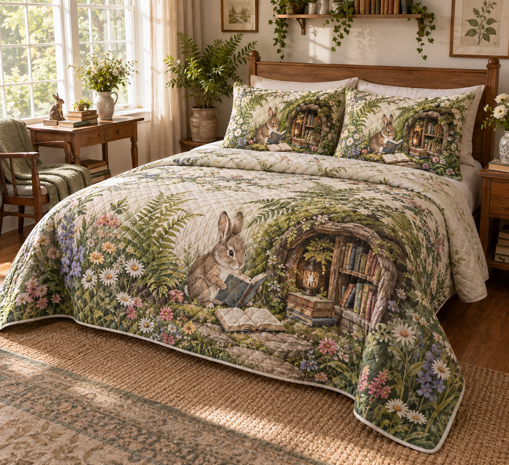 Quilted bedding and matching shams with a rabbit reading beside a flowered garden library.