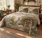 Quilted bedding and matching shams with a rabbit reading beside a flowered garden library.