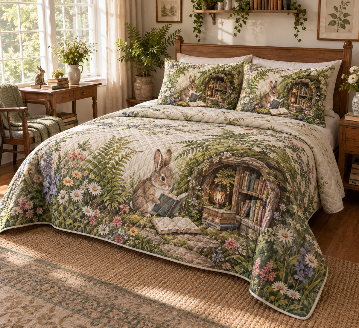 Quilted bedding and matching shams with a rabbit reading beside a flowered garden library.