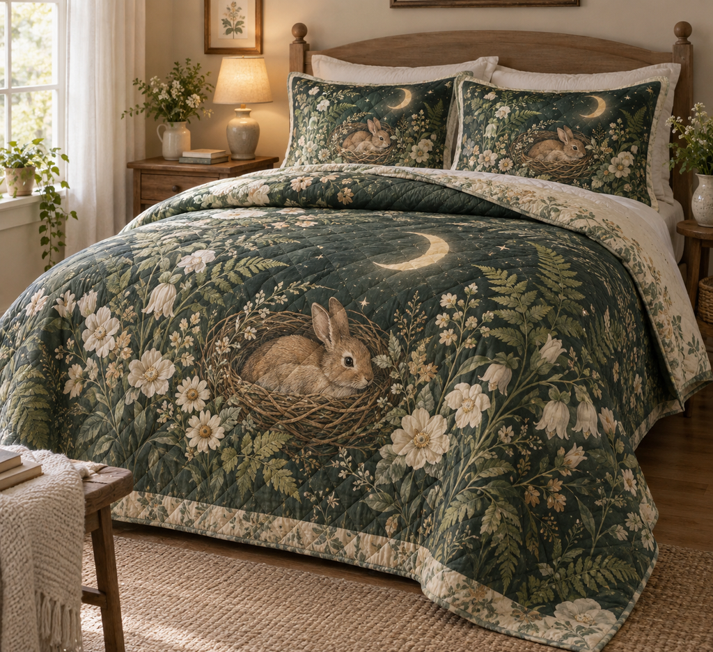 Quilt and matching shams with a resting rabbit, crescent moon and meadow flowers.