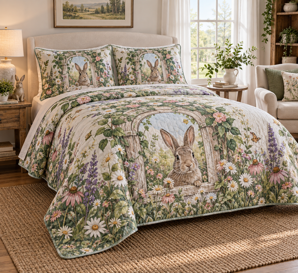 Quilted bedding set and matching shams printed with a rabbit in an arched garden window amid meadow flowers.