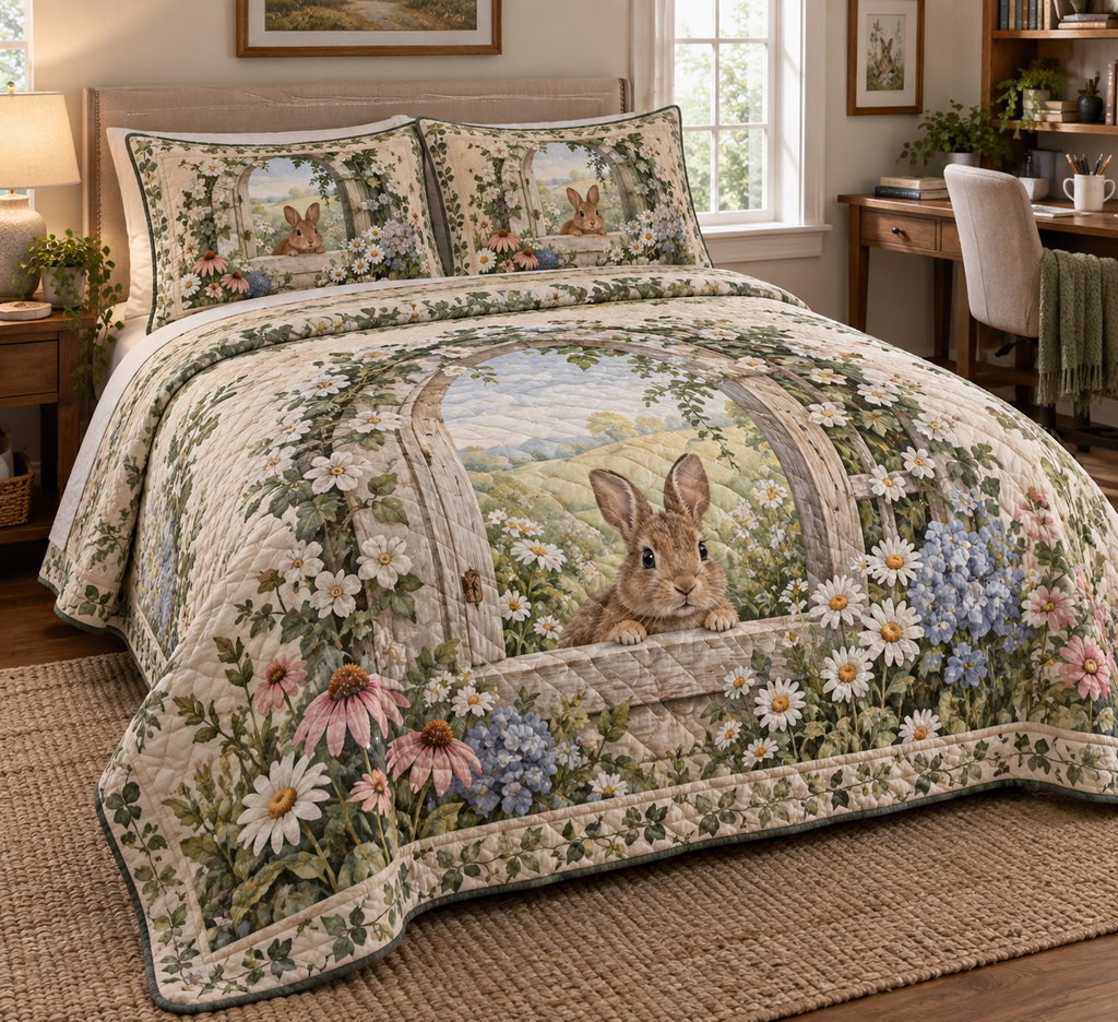 Quilted bedding set with two matching shams, printed with a rabbit in an arched flower-framed garden window.