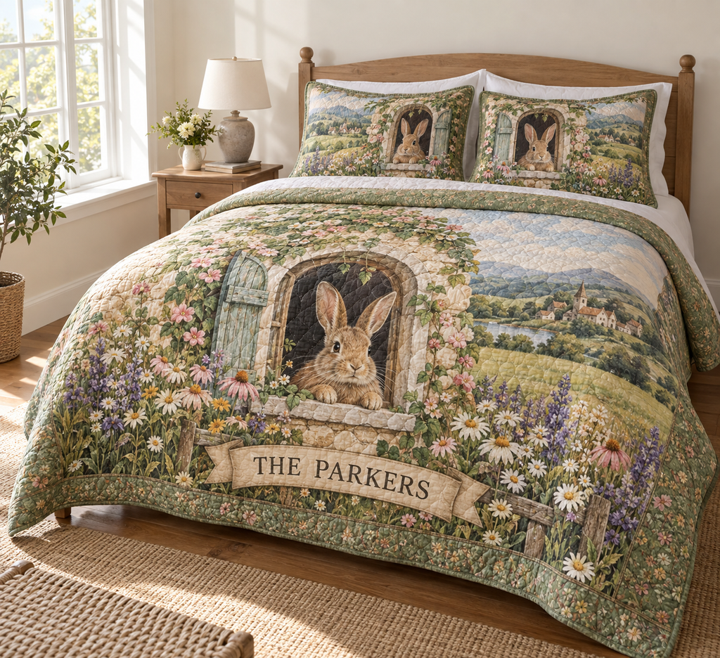Quilted bedding set and two matching shams with a rabbit meadow-window print and THE PARKERS banner.