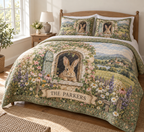 Quilted bedding set and two matching shams with a rabbit meadow-window print and THE PARKERS banner.