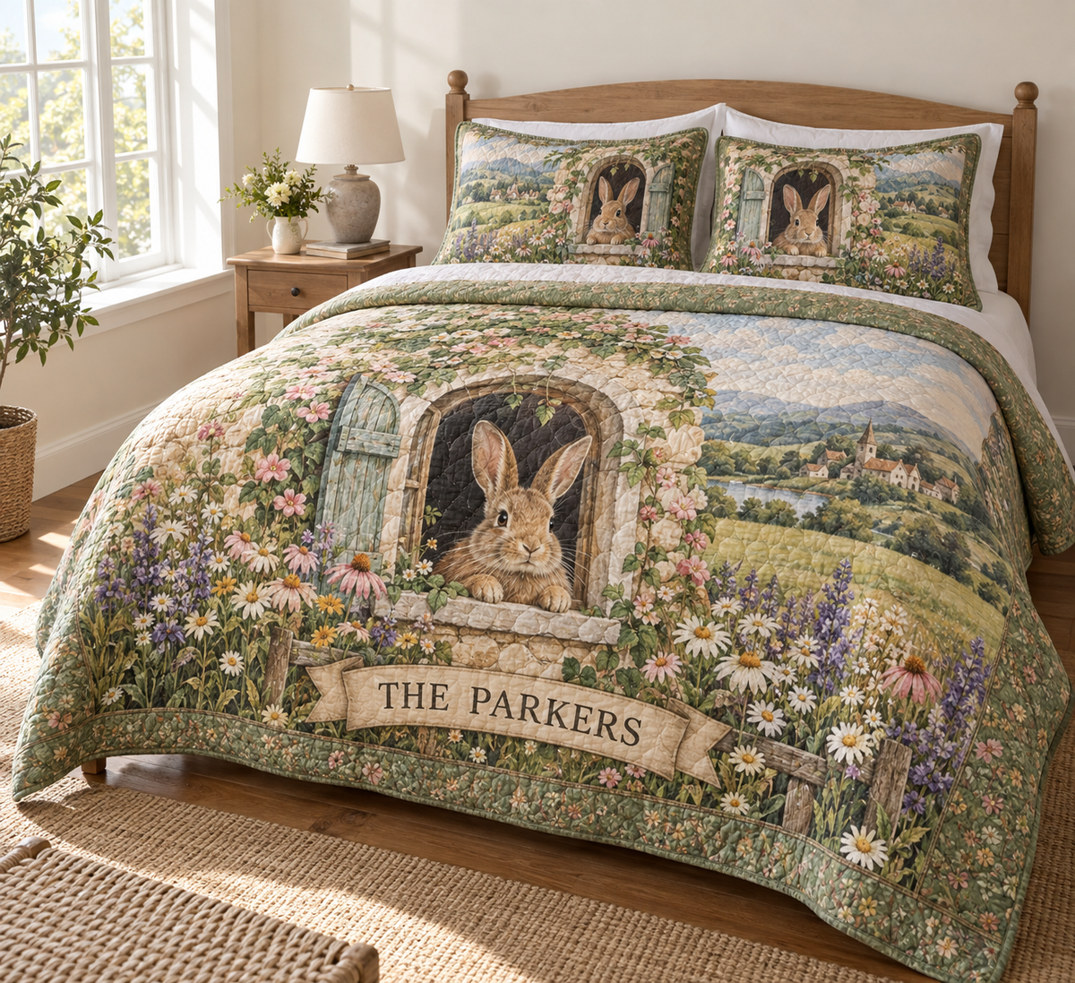 Quilted bedding set and two matching shams with a rabbit meadow-window print and THE PARKERS banner.