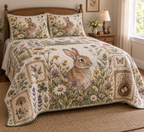 Quilted bedding set and two matching shams with a rabbit, wildflowers and pressed-flower motifs.