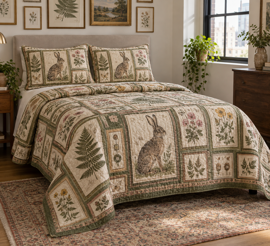 One quilt and two matching shams printed with vintage rabbit and botanical gallery panels on a neatly made bed.