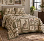 One quilt and two matching shams printed with vintage rabbit and botanical gallery panels on a neatly made bed.