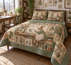 One quilt and two shams with printed rabbit maker artwork and botanical studio panels on a neatly made bed.