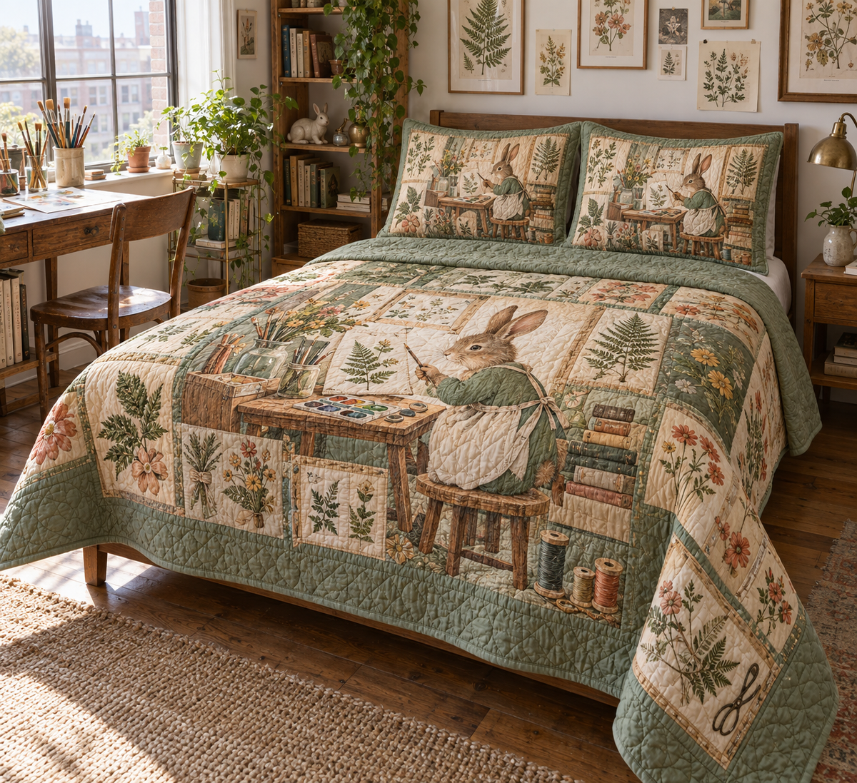 One quilt and two shams with printed rabbit maker artwork and botanical studio panels on a neatly made bed.
