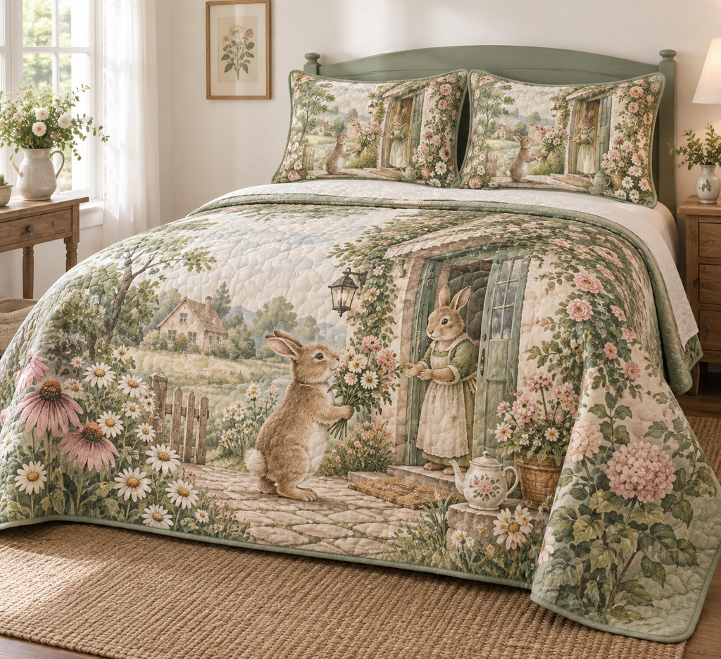 One quilt and two matching shams with a rabbit bouquet illustration and cottage-garden panels on a guest bed.