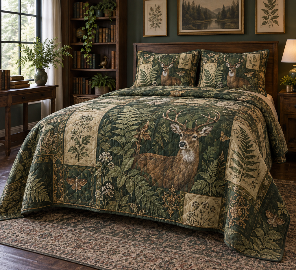 One quilt and two matching shams with a woodland deer, ferns and botanical folio panels on a bed.