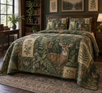 One quilt and two matching shams with a woodland deer, ferns and botanical folio panels on a bed.