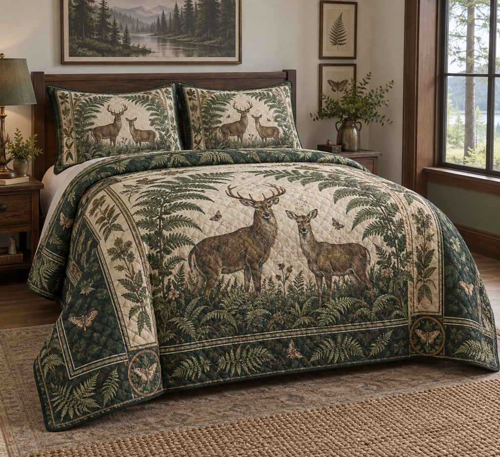 One quilt and exactly two matching shams with deer and fern folio print on a neatly made bed.