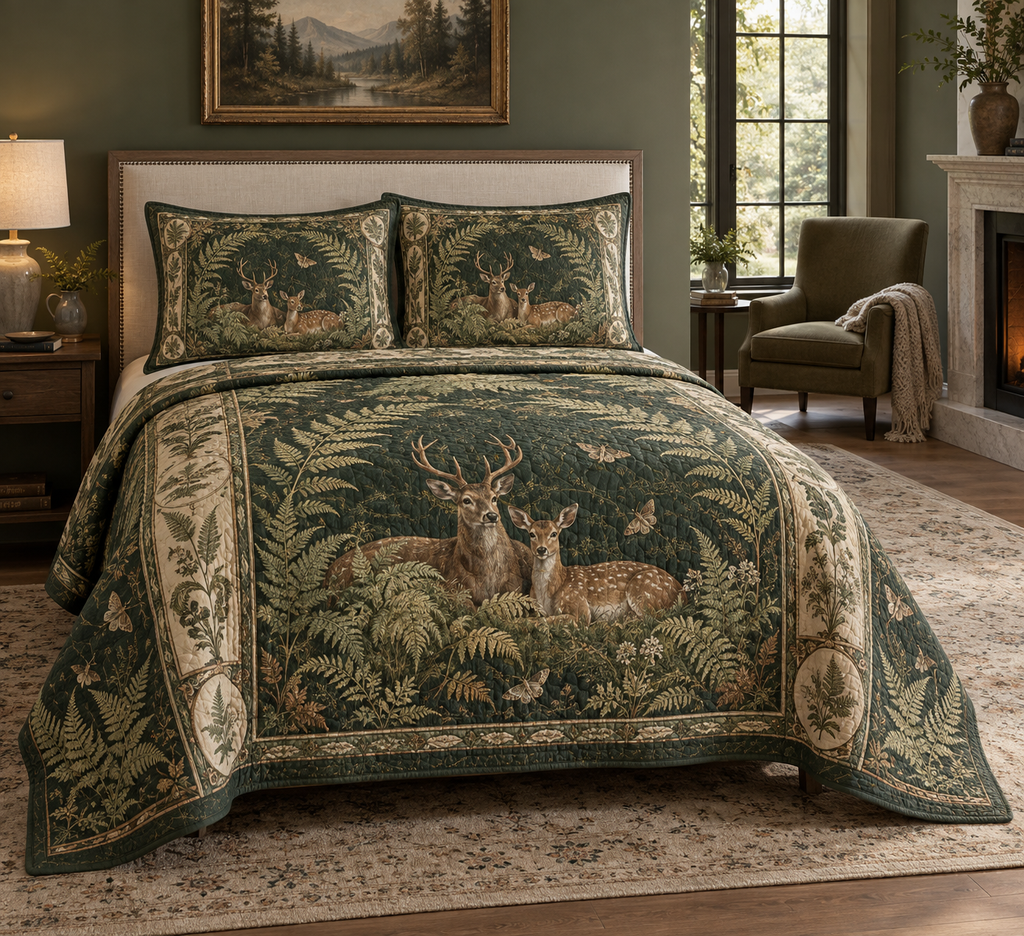 One quilt and two matching shams with deer-pair and fern folio artwork on a bed.