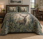 One quilt and two matching shams with stag-and-fern print on a home office guest bed.