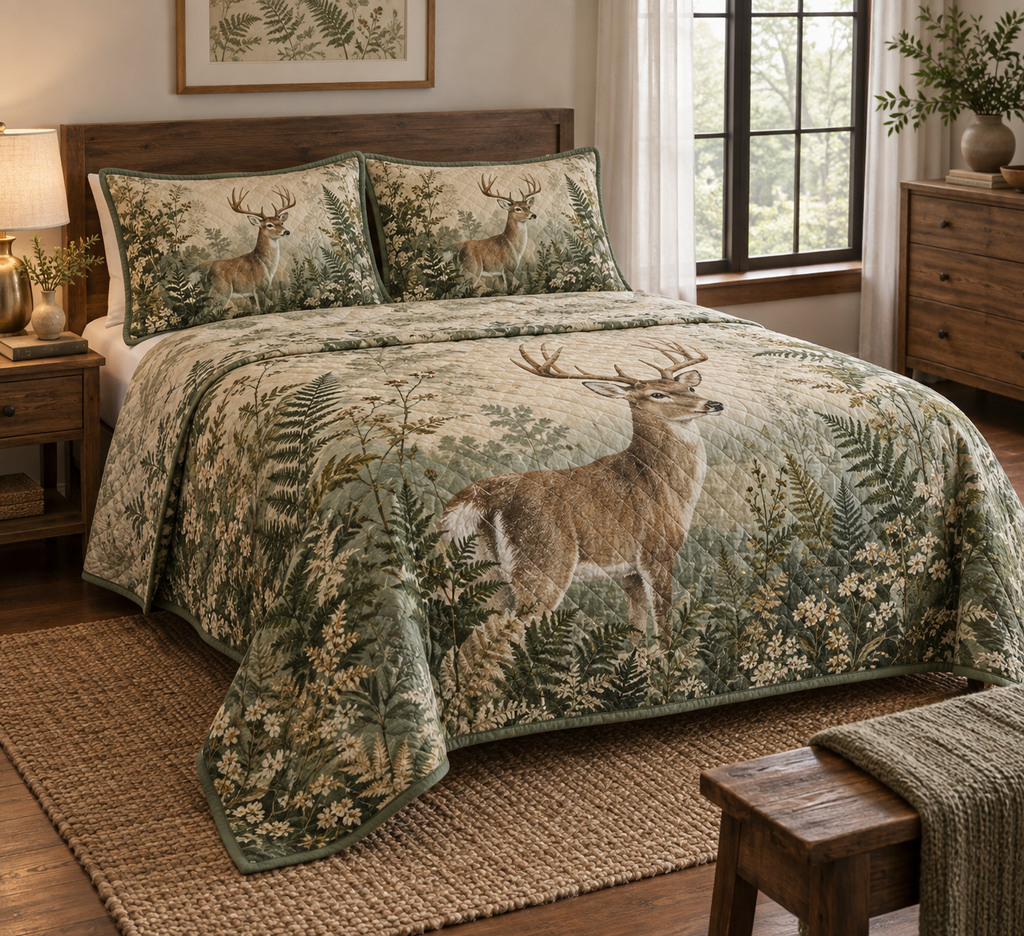 One deer-and-fern quilt and two matching shams arranged on a bed.