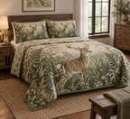 One deer-and-fern quilt and two matching shams arranged on a bed.