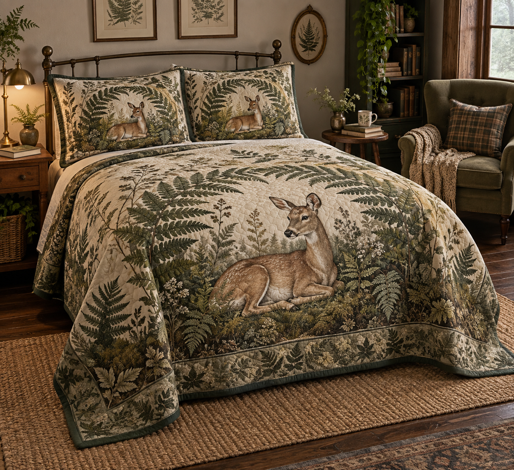 One deer-and-fern quilt and two matching shams arranged on a bed in a quiet reading corner.