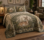 One deer-and-fern quilt and two matching shams arranged on a bed in a quiet reading corner.