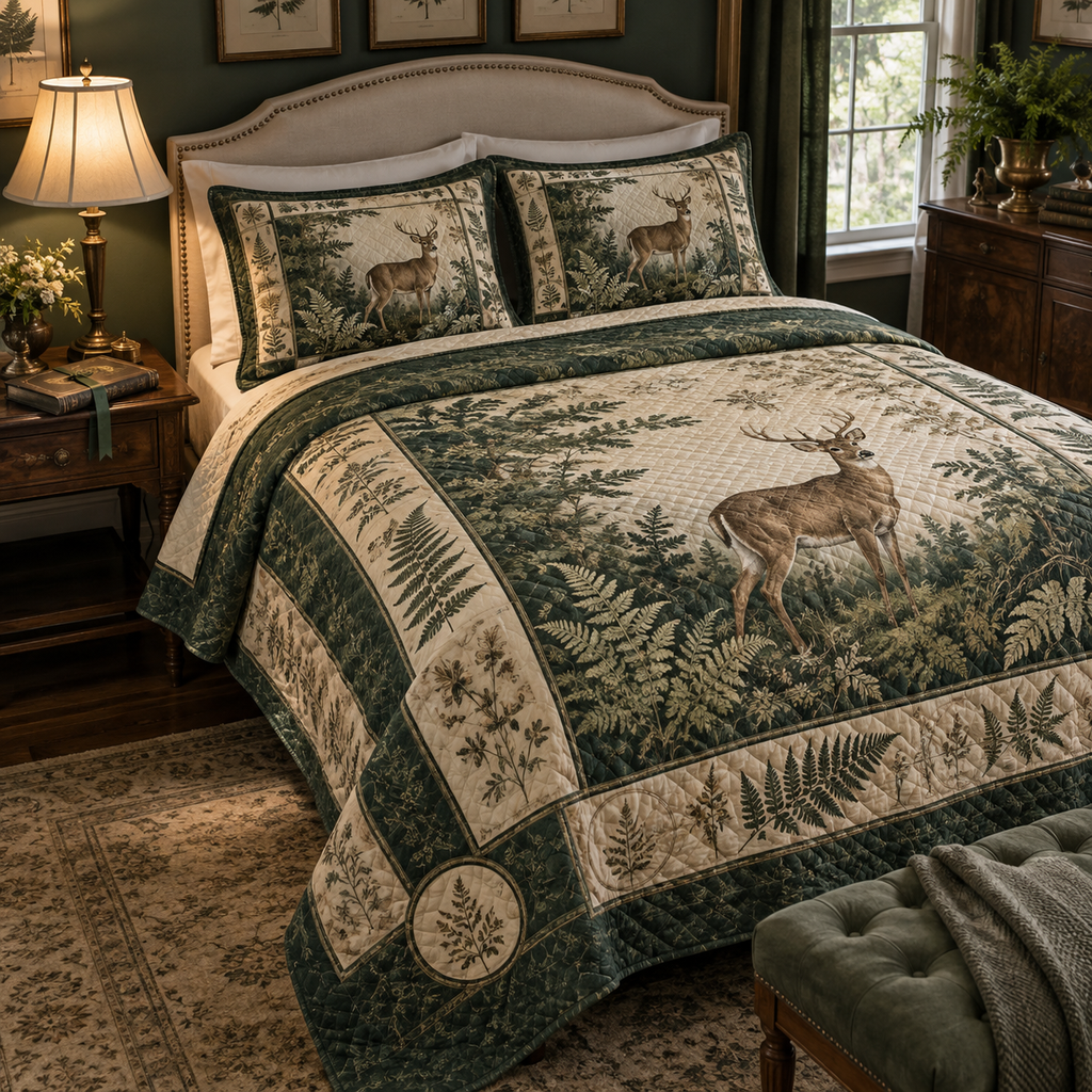 One deer-and-fern quilt and two matching shams arranged on a collector’s guest bed.