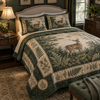 One deer-and-fern quilt and two matching shams arranged on a collector’s guest bed.