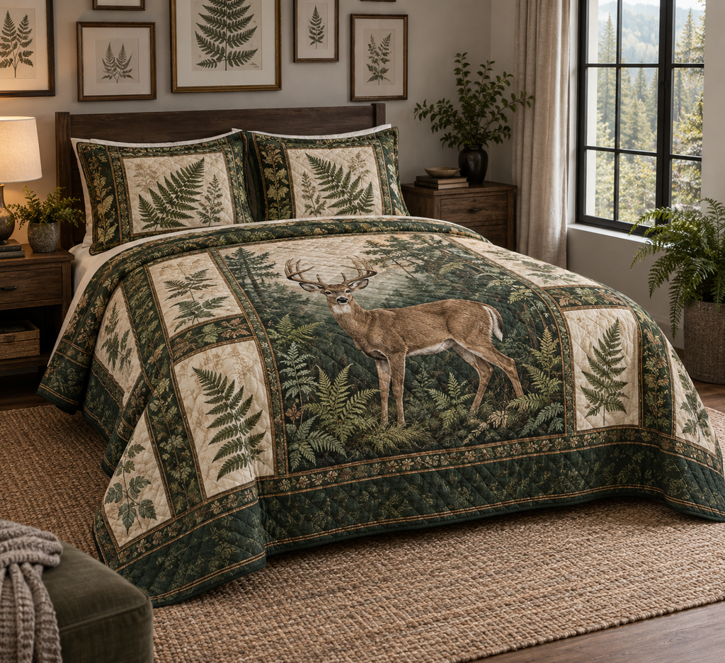 One deer-and-fern quilt and two matching shams arranged on a bed beneath a botanical gallery wall.