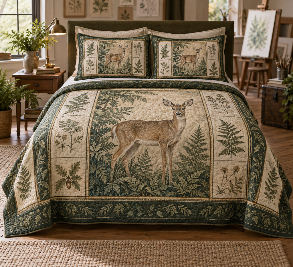 One deer-and-fern quilt and two matching shams arranged on a hobby-studio guest bed.