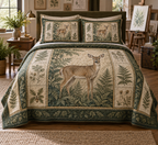One deer-and-fern quilt and two matching shams arranged on a hobby-studio guest bed.