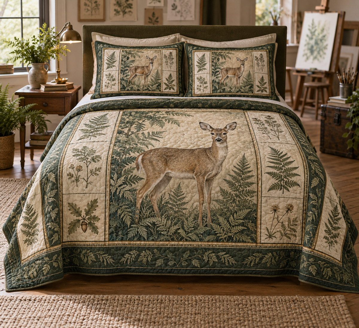 One deer-and-fern quilt and two matching shams arranged on a hobby-studio guest bed.