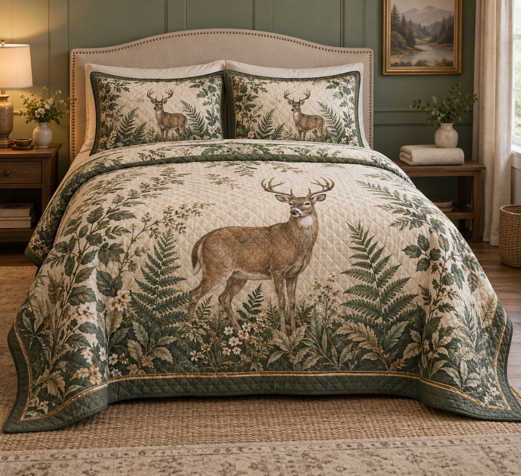 One deer-and-fern quilt and two matching shams on a host-ready guest bed.