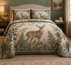 One deer-and-fern quilt and two matching shams on a host-ready guest bed.