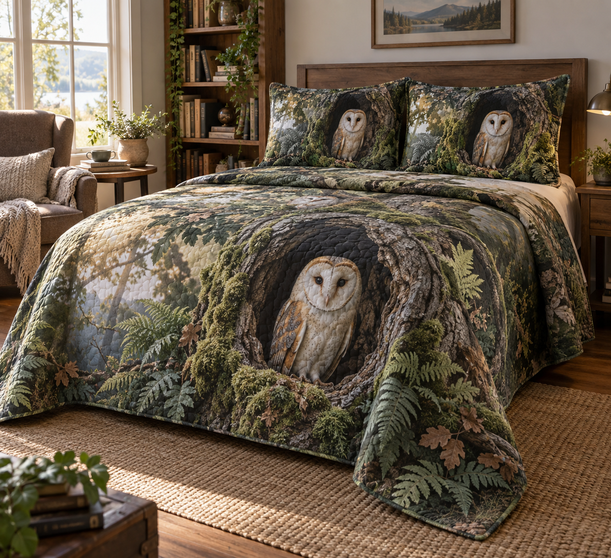 One quilted bedspread and two matching shams with an owl-in-hollow woodland print in a reading nook guest room.