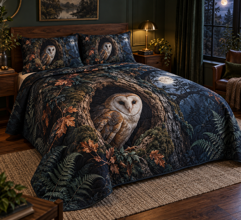 One quilt and two matching shams with a moonlit owl-in-hollow woodland print in a statement bedroom.