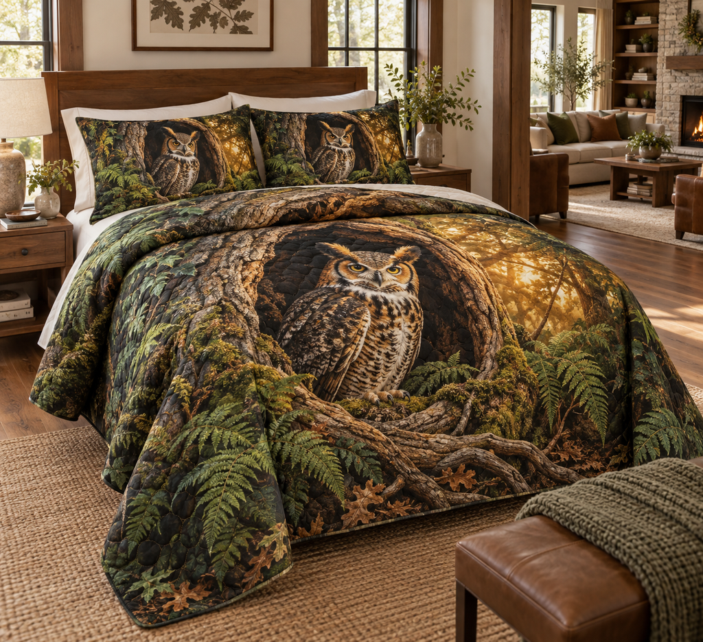 One quilt and two matching shams with a great horned owl, ancient oak and emerald fern print.