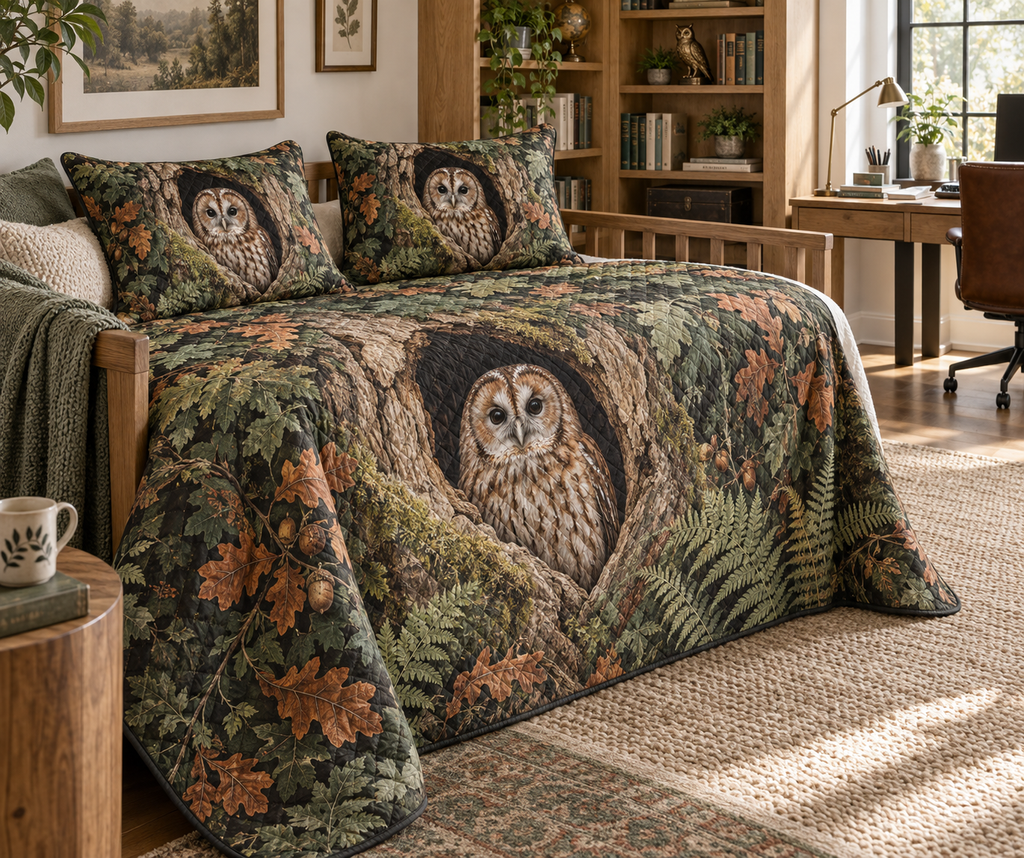 One quilt and two matching shams with a tawny owl, oak hollow, sage fern and copper leaf print.