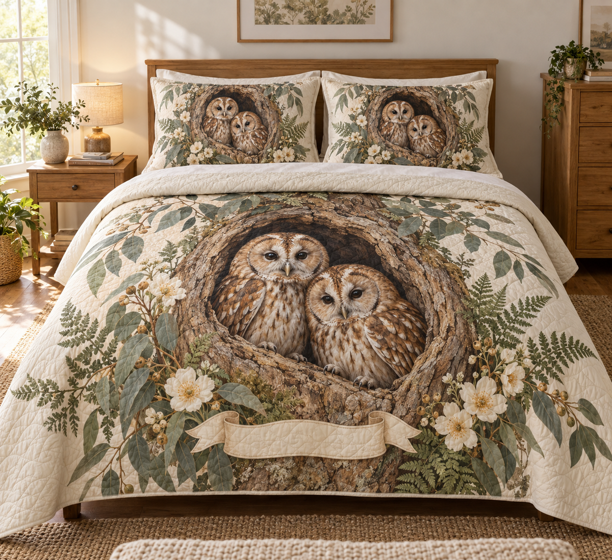 One quilt and two matching shams with a pair of tawny owls, oak hollow, eucalyptus and a blank ribbon panel.