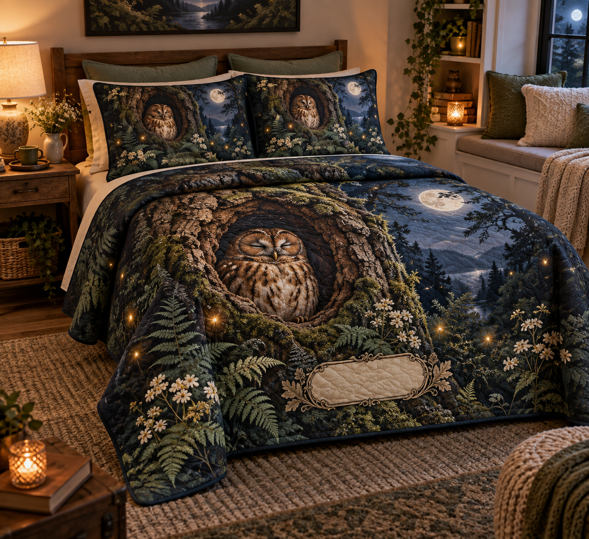 One quilt and two matching shams with a peaceful tawny owl, moonlit oak hollow, sage ferns and a blank name panel.